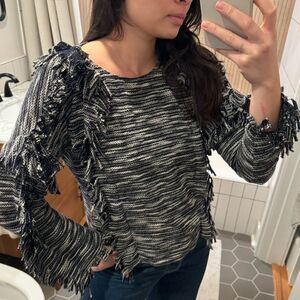 MISA Karine Navy Grey Fringe Sweater Small
